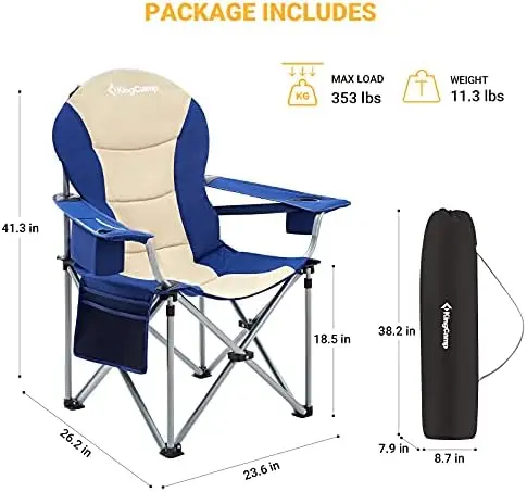 Camping Chair Portable Padded Outdoor Chair with Lumbar Back Support,  Heavy-Duty with Cooler Bag & Cup Holder & Side Po