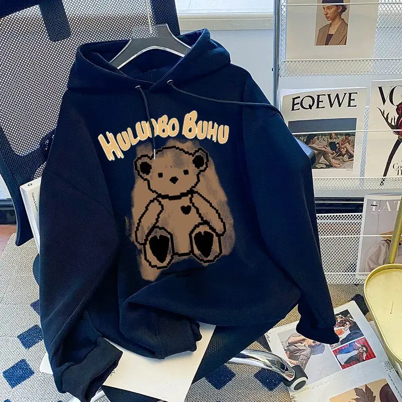 Autumn Bear Print Casual Hooded Sweatshirt For Men Women Japanese Hoodies Pullover Harajuku Fashion Y2K Streetwear 2023