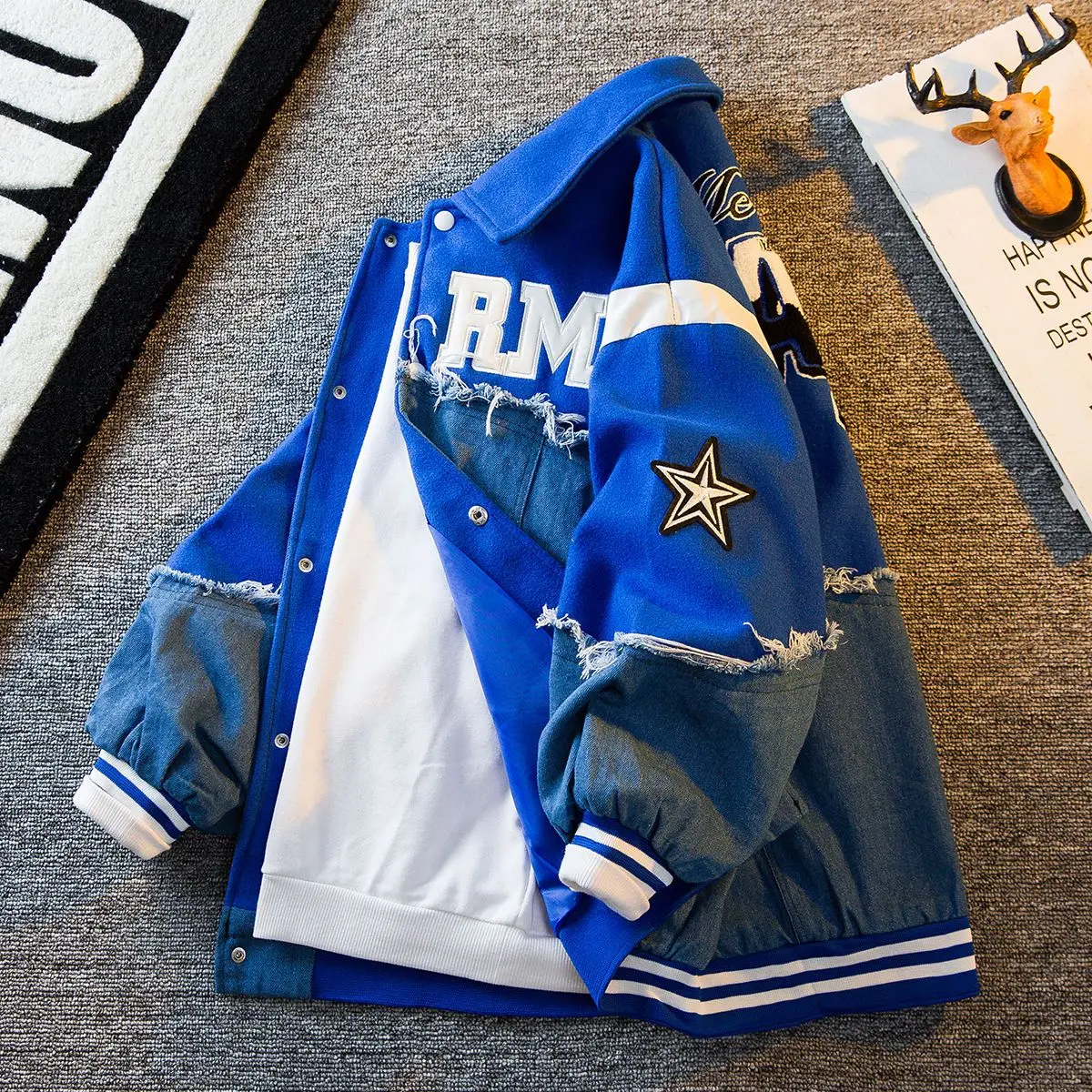 Men's Clothing Embroidery Loose Men's Single Breasted Vintage Hip Hop Patchwork Baseball Casual Jackets Spring and Autumn Coat 1