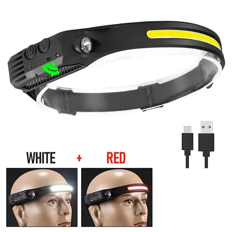 COB LED 손전등 USB 충전식 핸드 스윕 센서 헤드 램프 5 조명 모드 헤드 토치 캠핑 낚시 작업 헤드 라이트