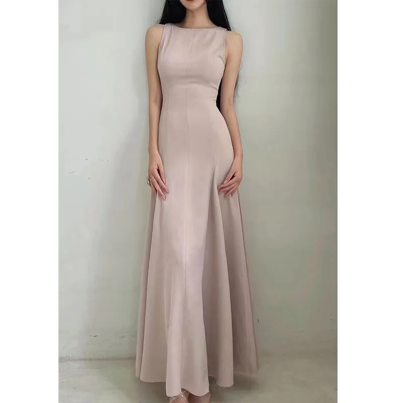 

Good Quality Women Casual Summer Long Maxi Dress for Girl Elegant Dusty Pink Solid Sleeveless V-neck Vest Vestidos Straps