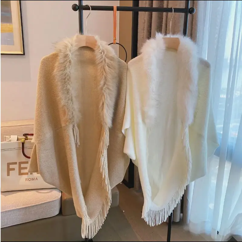 Knitted Shawl Fur Collar Coat Autumn and Winter Large Size Loose Warm Cloak Wool Coat Winter 2023 Shawl for Women Elegance Wear
