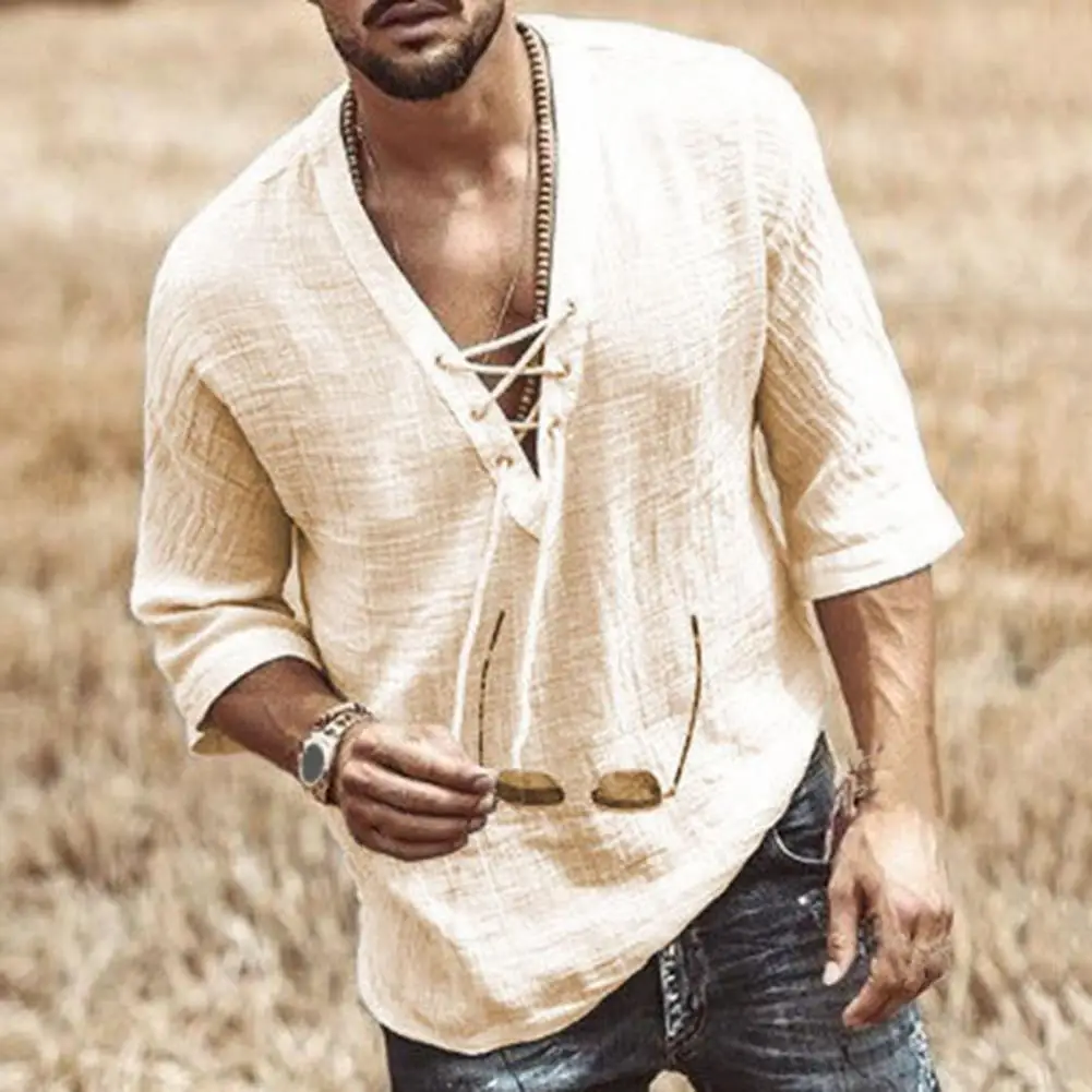 

Simple Drawstring Collar Men Loose T-shirt Quick Drying Loose T-shirt Front Lace Up Half Sleeve T-shirt Male Clothing