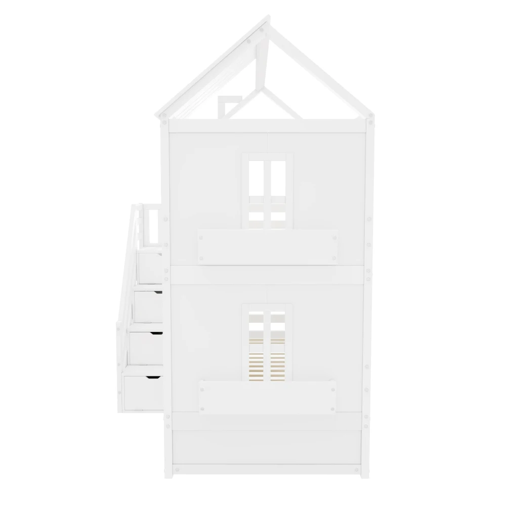 90*200cm Kinder-Etagenbett, mit Aufbewahrungstreppen & Schubladen & Regalen, extra großer Stauraum, ohne Matratze, Kiefer + MDF, Weiß – Detail 13