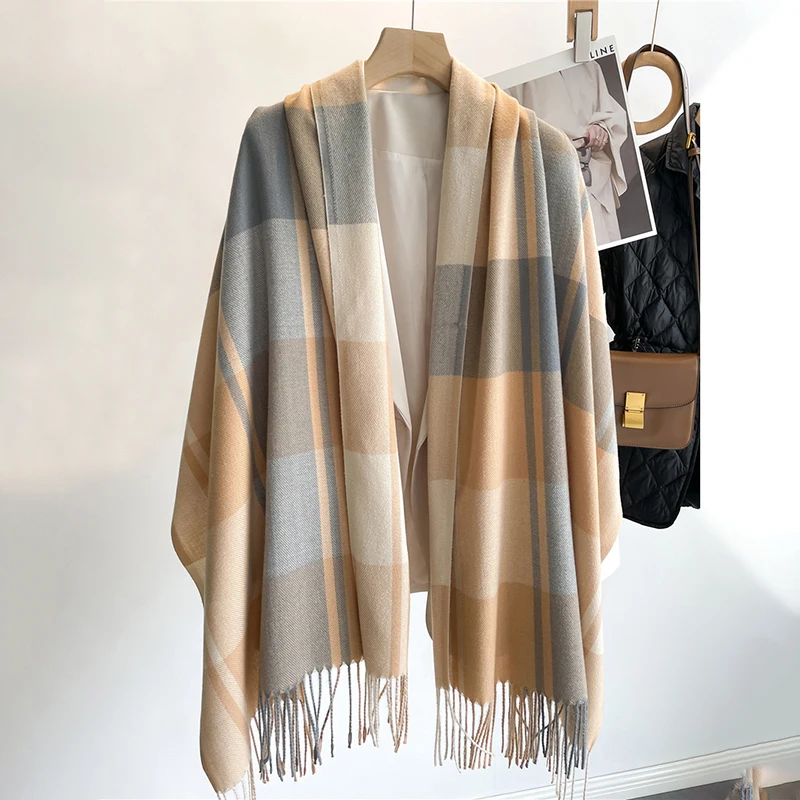 Luxurious Warm Cashmere Plaid Scarf - Fashionable Winter Pashmina Shawl with Tassel