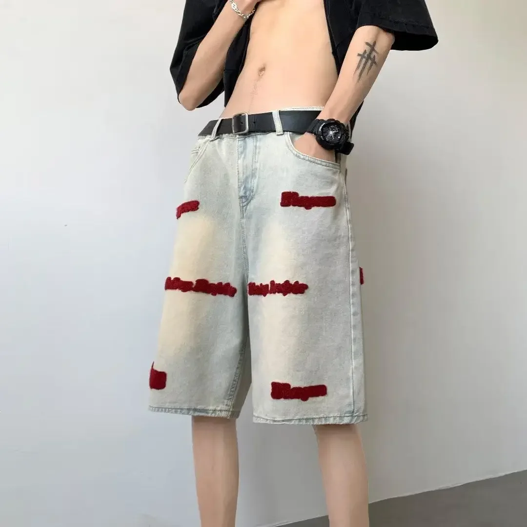 Denim Shorts Summer Jeans Shorts American style men embroidered retro high street washed fashion Instagram hip-hop sports