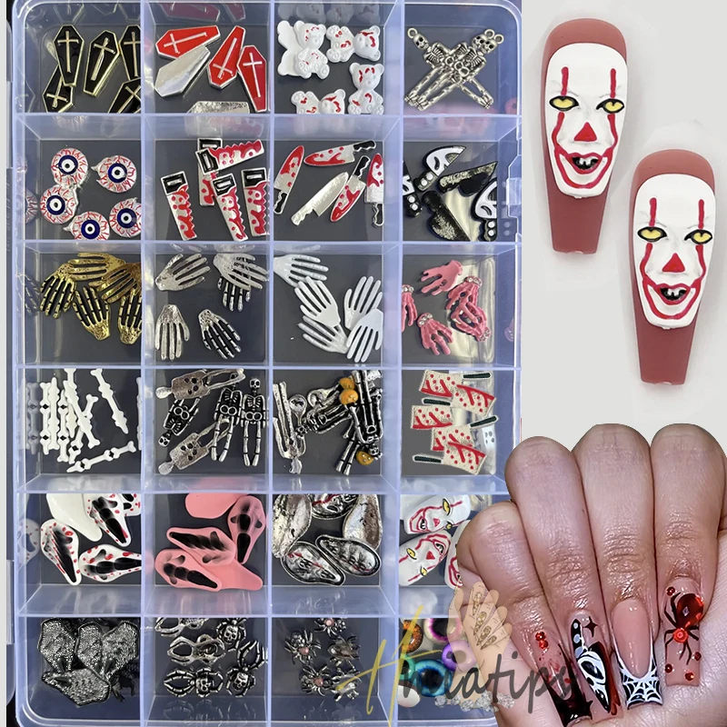 

3D Scream Black Face Halloween Charms Box BloodyKnives Nail Art Charms Ghostface Spooky Skeleton Jewelry Decor Accessories