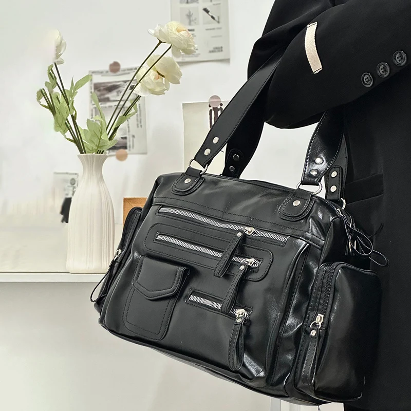 Retro Tote Bag PU Soft Motorcycle Bags Travel Zipper Pocket Fashion Crossbody Pack Outdoor Camping Hiking Weekend Satchel Women, storage bag, travel bags, leisure bag, canvas tote bag