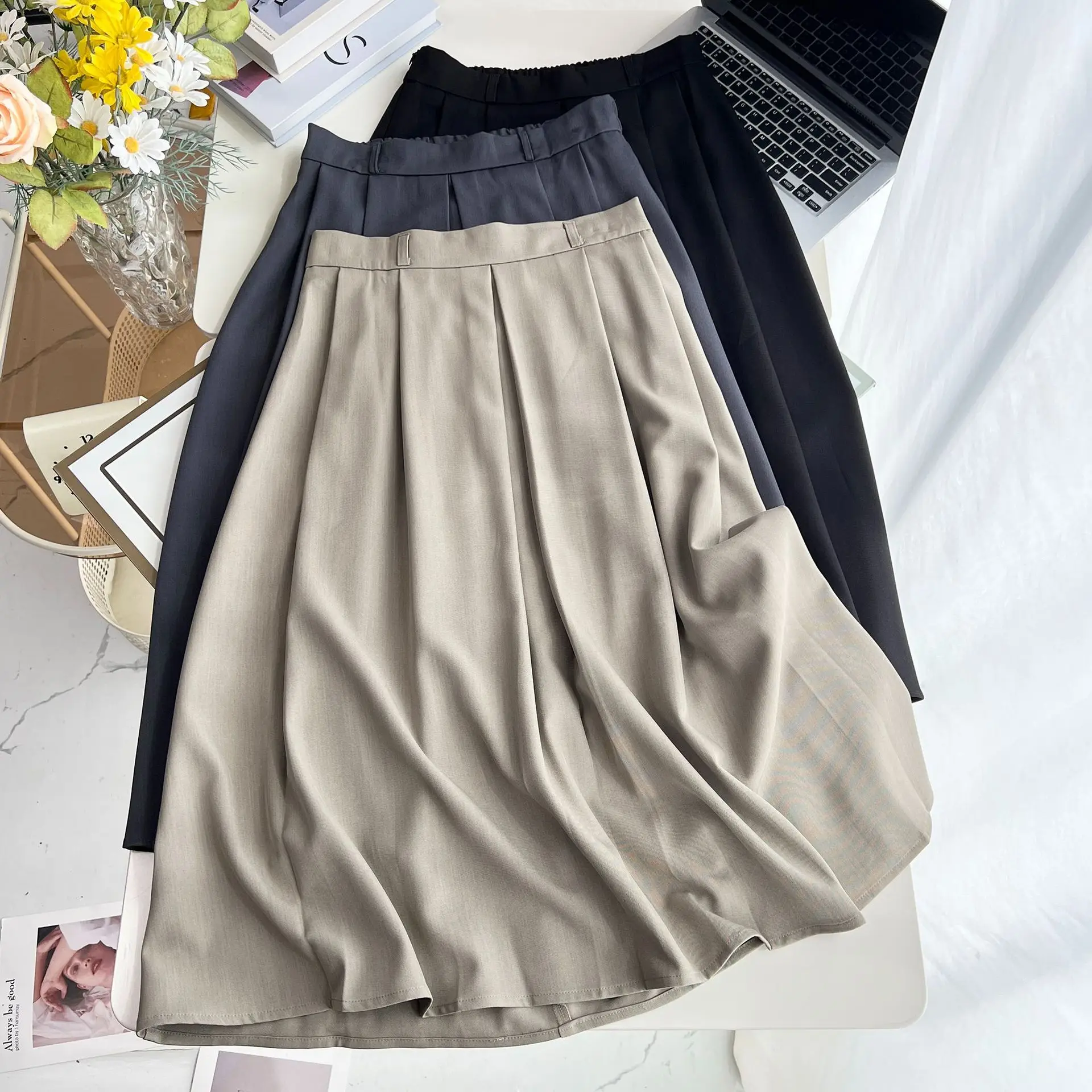 XXXXL Fashion Plus Size Women's Skirts Autumn New Preppy Style high-waisted Pleated Elegant A-line Skirt