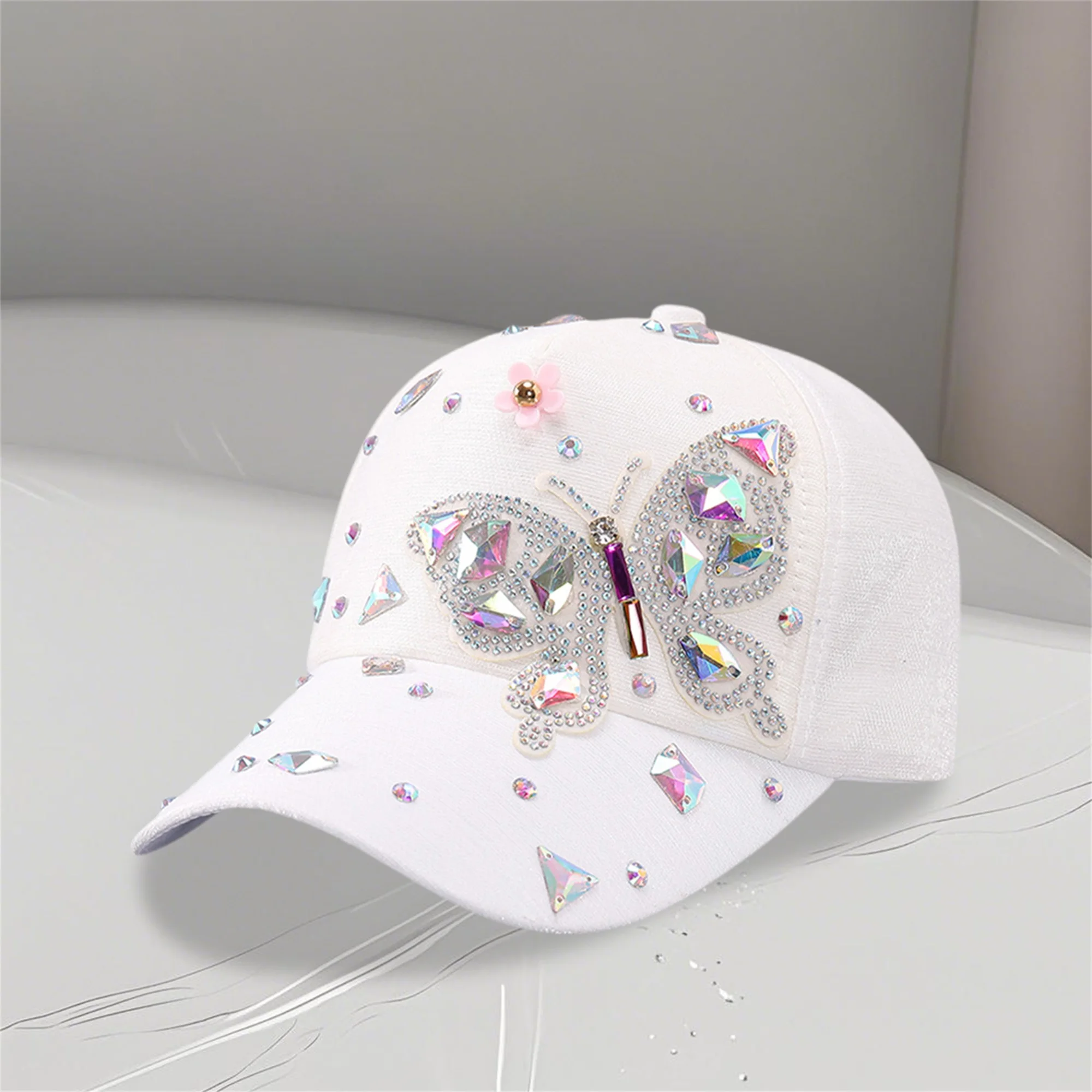 Fashionable Women s Baseball Cap with Sparkling Rhinestone Butterfly Embellishment Adjustable Strap and Wide Brim for Sun