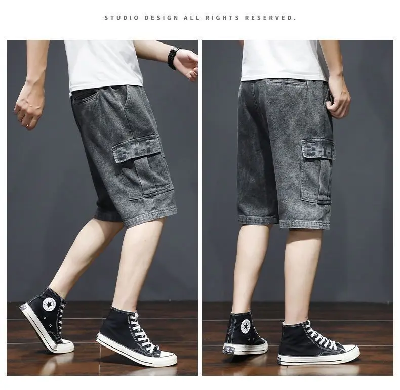 Harajuku Fashion Drawstring Designer Korean Luxury Boyfriend Multi Pocket Loose Casual Denim Jeans Men Summer Knee Length Shorts