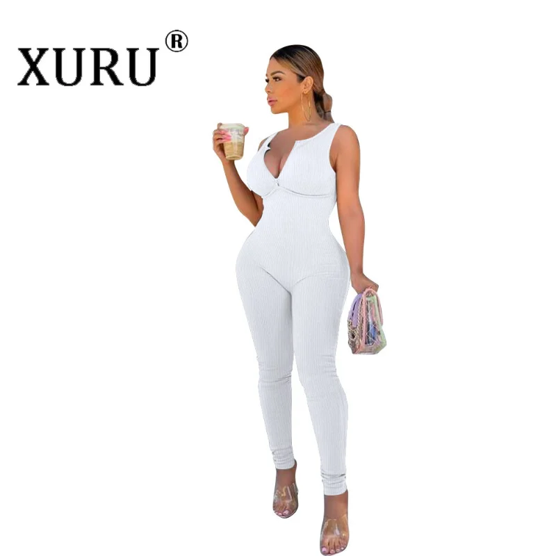 

XURU-sexy Solid Color Backless Sleeveless Sports Jumpsuit, European and American Women's New Summer Black White Jumpsuit 60A8155