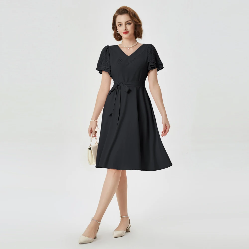 

BP Women Dresses Vintage Flowers Printed V-Neck Summer Retro Short Lace Sleeve Flared Elegant A-Line Dress Ropa De Mujer