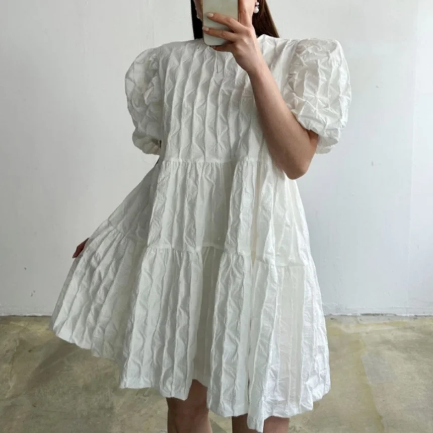 REALEFT Spring Summer Vintage Puff Sleeve Women's Dresses 2025 New High Waist O-neck Casual Loose A-line Short Dresses for Women