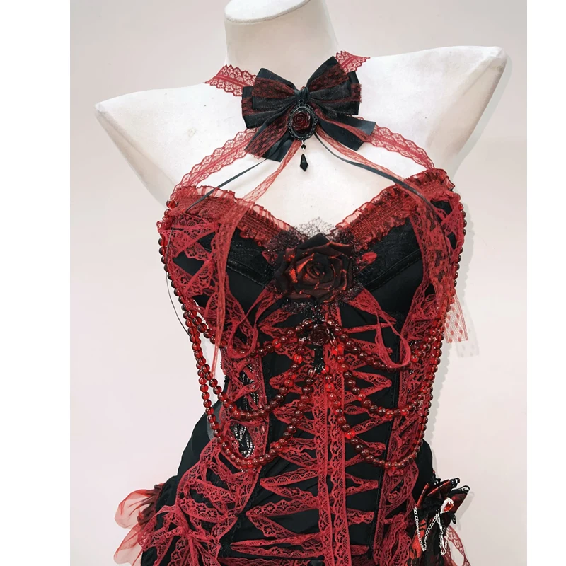 Red Lace Beaded Top and Skirt 3