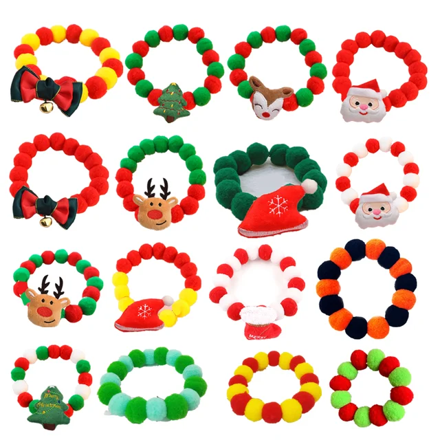 Elastic Plush Pom Ball Pet Collar Christmas Decoration Dog Bowtie Cat Necklace Pet Cat Bow Dog Grooming Accessories