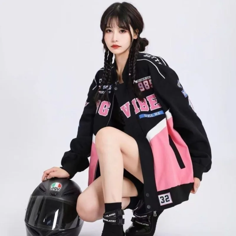 

Gothic Racing Suit Women Fashion Y2k Hip-hop Street Sports Jacket Female American Oversized Baseball Uniform Baseball Uniform