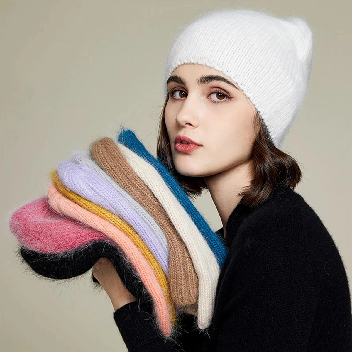 Unisex weiche, dünne Hasenhaar-Slouchy-Strickmütze, Strumpfmütze, Winter, warm, Bonbonfarben, Ski, winddicht, Mütze, einfarbig, modische Beanie-Mütze