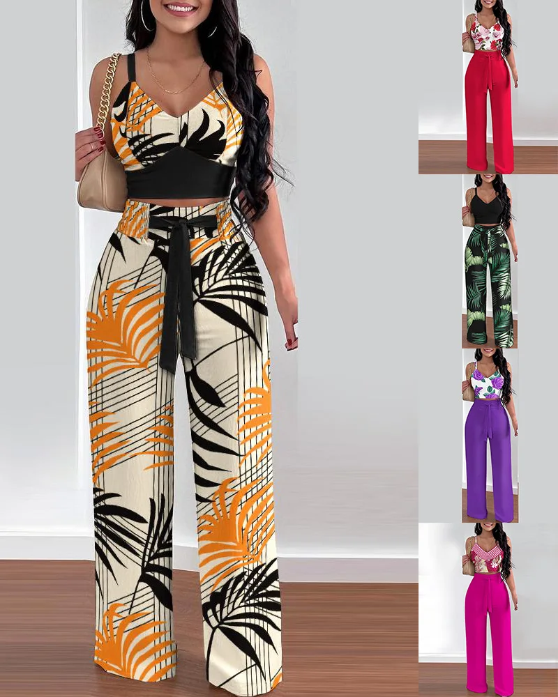 Fashion Print Suspenders & Bib Trousers Set of 2 Spring & Summer New Elegant Sexy Women's Pants Sets