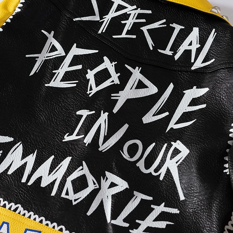 Graffiti Print Faux Leather Cropped Jacket for Women 2024 Trend Punk Style Streetwear Studded Motorcycle Leather Jacket S-XXXL
