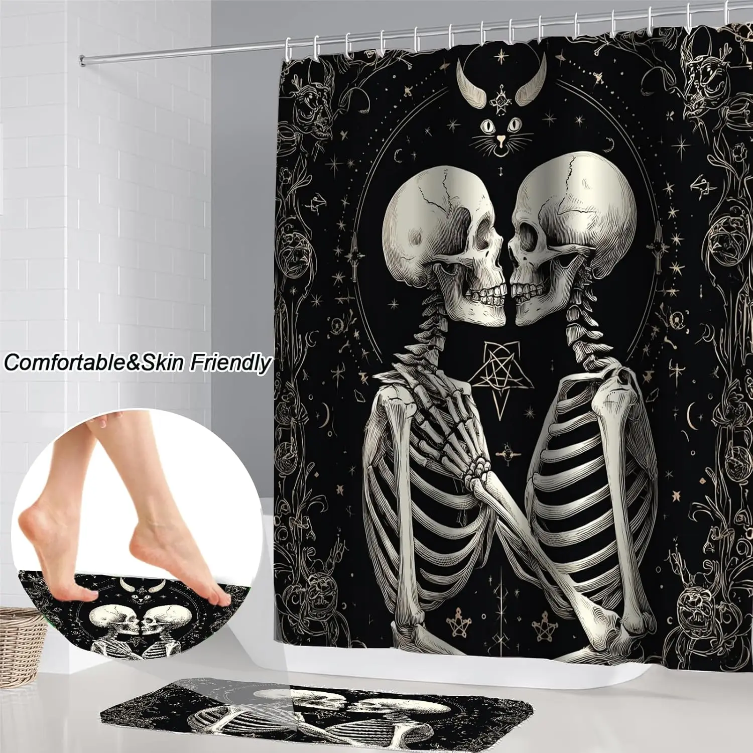 욕실용 할로윈 커튼, 4피스 고딕 해골 블랙 샤워 커튼 및 러그 욕실 장식 세트, 해골 커플 할로윈