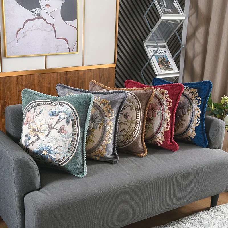 

Thickened Chenille Pillowcase Square Embroidered Jacquard Cushion Cover European Style Living Room and Home Decoration Pillows