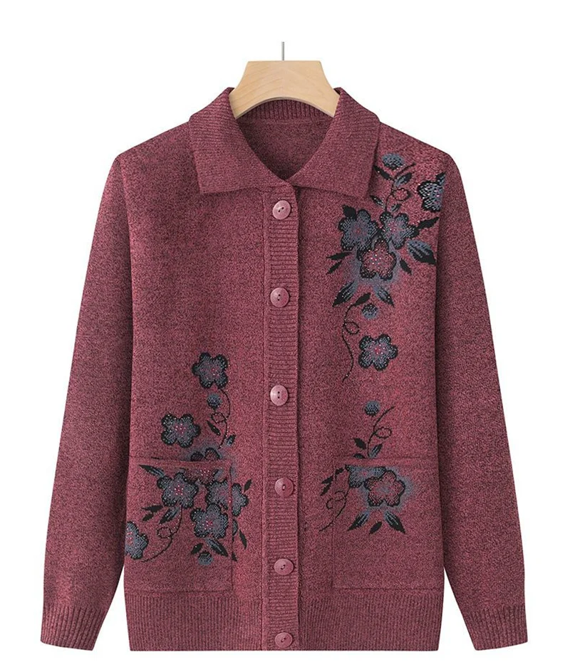 Spring Autumn Long-Sleeve Sweater Women Cardigan Coat New Print Middle-Aged Elderly Knitted Bottoming Shirt Female Tops Jacket