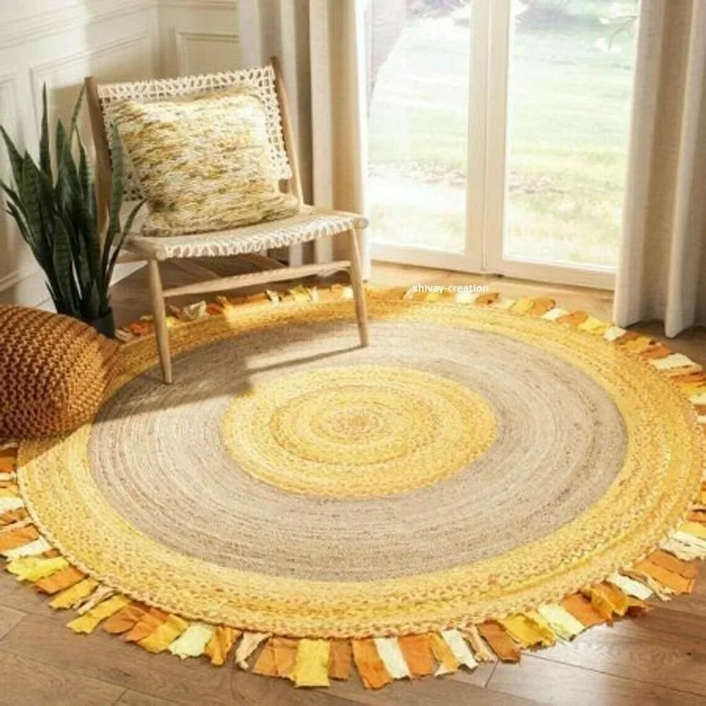 

Yellow Round Rug Natural Jute Cotton Handmade Carpet Living Room Reversible Hallway Floor Mat Modern Bedroom Area Rug Home Decor