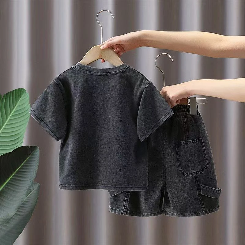 Toddler Boys 2Pcs Summer Outfits Letter Short Sleeve T-Shirt Washed Denim Shorts Set Kids Boys Casual Streetwear Clothes 2-6Year 2