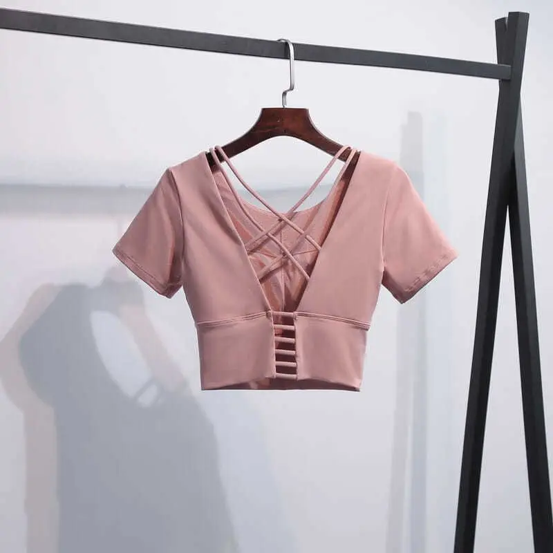

Women Sports Shirt With Chest Pad Summer Short-Sleeved Pilates Gym Exposed Navel Beauty Back Fairy Fitness Wear Activewear Tops