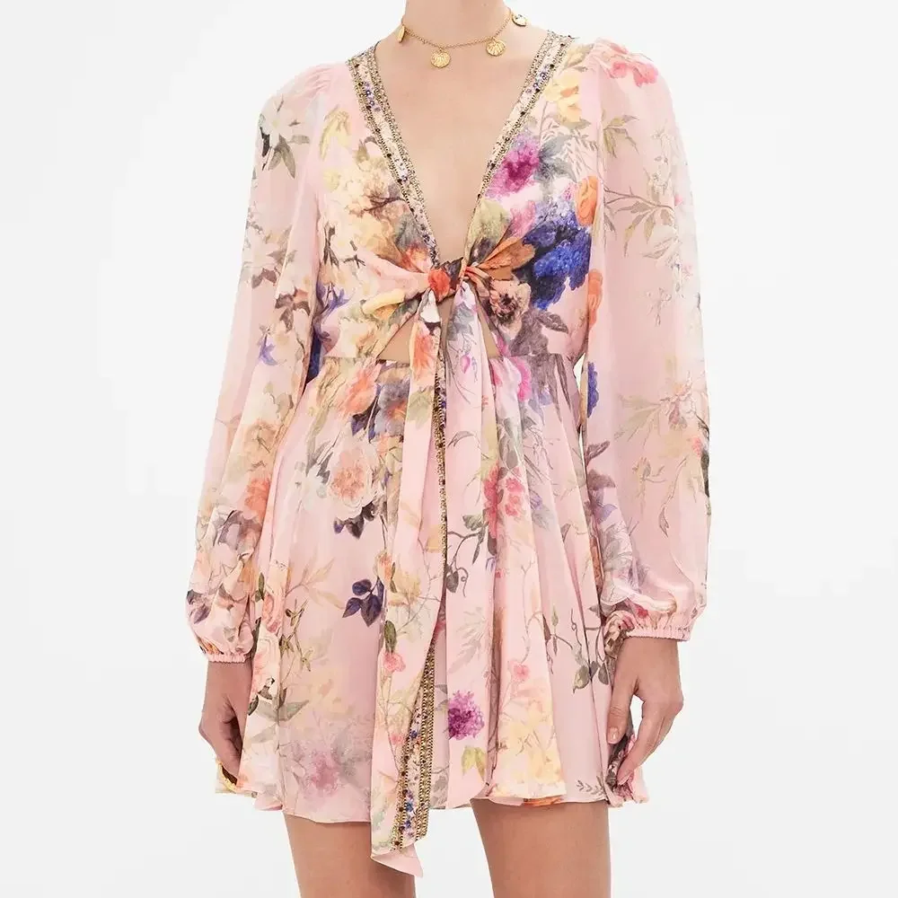

Women Deep V-Neck Beaded Bow Tie Flower Print 100% Silk Mini Dress