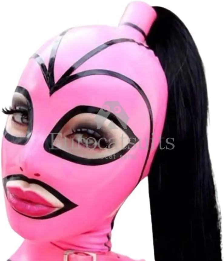 customizedLatex Hood Mask Holiday Rubber Full Face Pink and Black Strips with Ponytail Wig Latex Mask