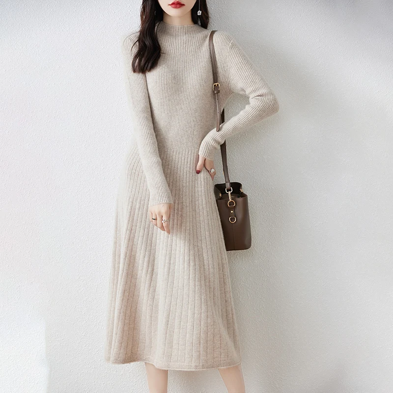 

Women's Merino Wool Long Sweater Dress, Knee-Length, Round Neck, Pleated, Monochromatic, Commuting, Autumn, New, 100%