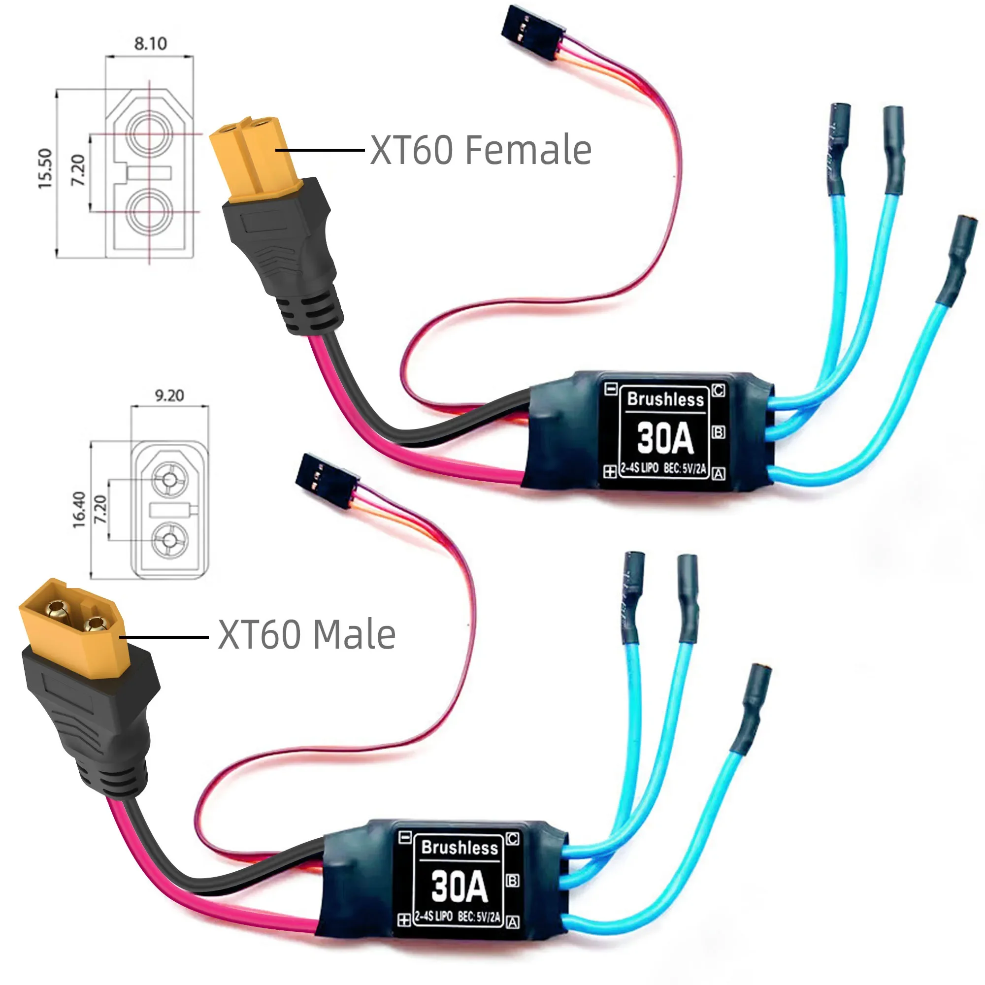 Lot de 2 Connecteurs XT60 Mâle/Femelle pour Batterie RC - 30A