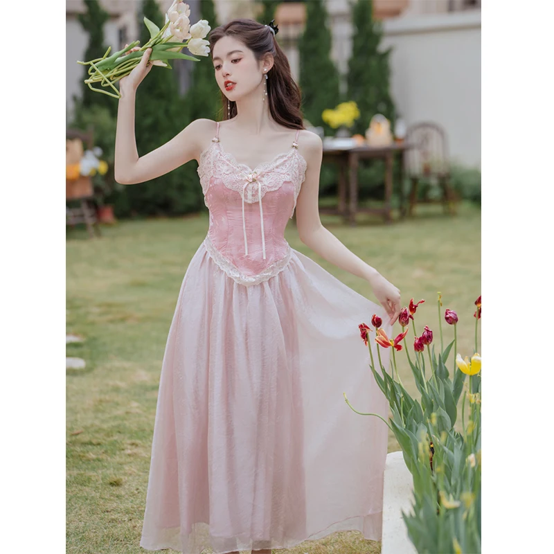 

2023 Women'S Dress French Fairy Summer Jacquard Waist Lace Decoration Sweet Commuting Free Shipping