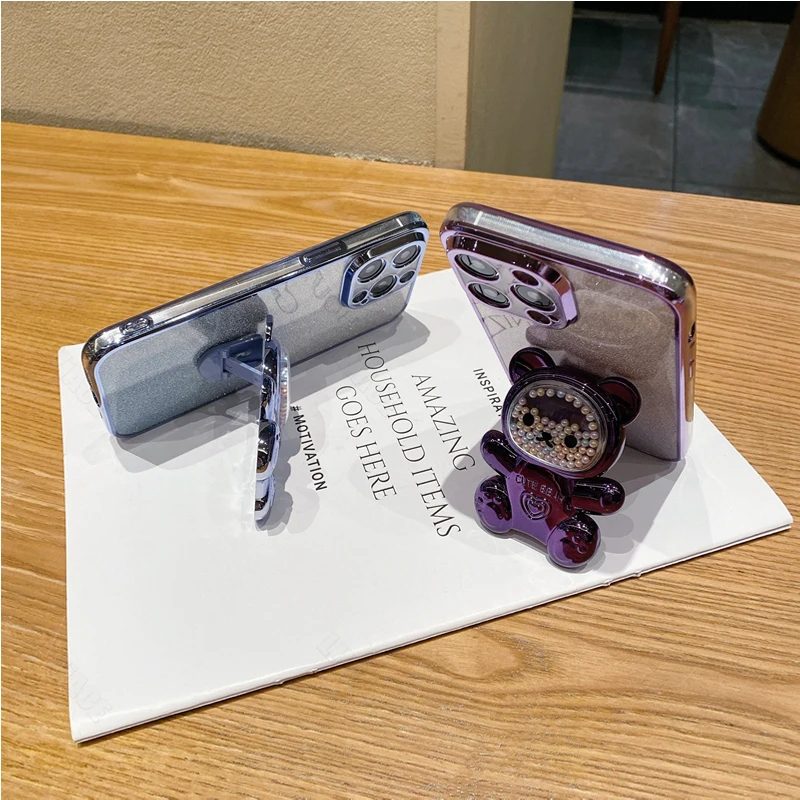 Glitter Bling Bear Silicone Phone Holder Case - Stylish Stand Back Cover