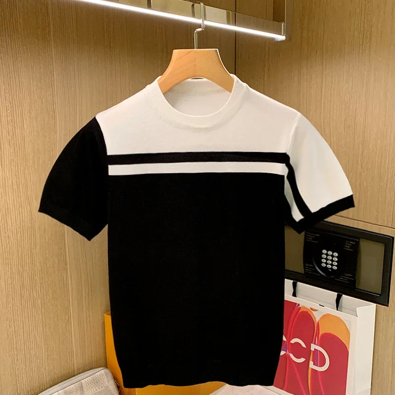 

2024 Brand Clothing British Style Men's Casual Contrast Color T Shirt High Quality for Men Slim Fit Knitting Shirt Plus Size W27