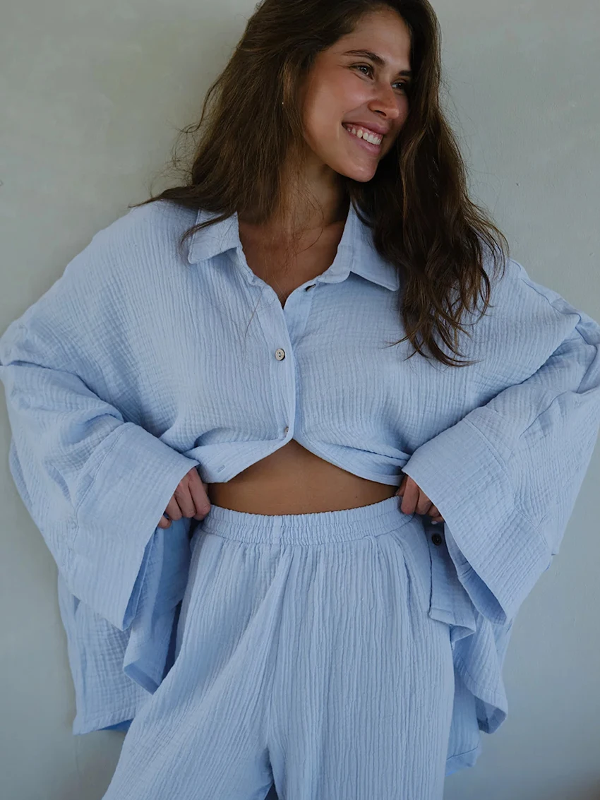 Marthaqiqi Causal Female Nightwear 2 Piece Suit Long Sleeve Nightgowns Turn-Down Collar Sleepwear Pants Loose Women Home Clothes