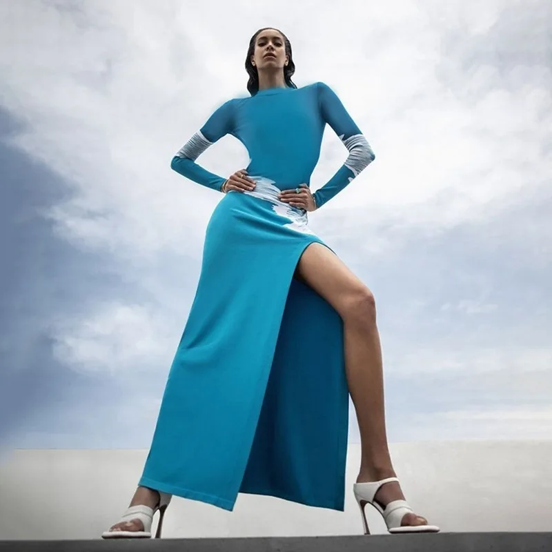 

Женское повседневное приталенное платье с принтом, круглым вырезом и длинными рукавами, платье с разрезом и открытой спиной, летняя пляжная одежда для плавания, накидка для ванной комнаты, 2023