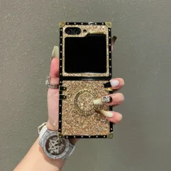 Sparkling Gold Faux Rhinestone Leather Phone Case with Shiny Ring Holder - Galaxy Z Flip5 (Deep Gold)