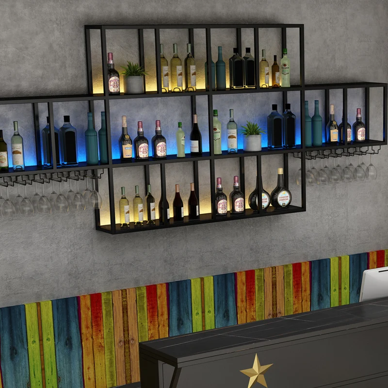 Bar Restaurant Bar Counter Wall Wine Cabinet Display Cabinet Against the Wall Luminous Simple Creative Mounted Shelf