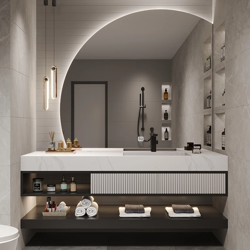 Solid wood rock slab integrated basin bathroom cabinet modern smart toilet hand wash basin cabinet bathroom
