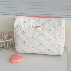 Stylish Blue Bow Cosmetic Travel Pouch - Large Capacity Makeup Bag with 3 Zipper Compartments (Pink - M)