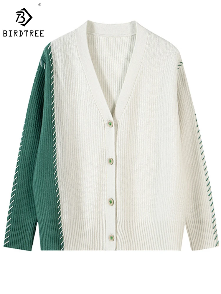 

Birdtree 100%Wool Hand-Stitched Contrast Stitching Knitted Cardigan Women's New Lazy Style Commuter Sweater For Fall T38801QD