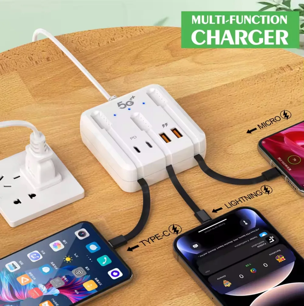 High-Speed 4-Port USB-C PD Charging Station with Integrated Power Strip and Cables