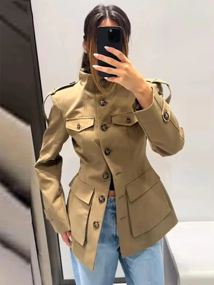 Vintage Women's Khaki Stand Collar Jackets Slim Waist Single Breasted Pockets Full Sleeve Coats 2025 Autumn Lady Commute Outwear