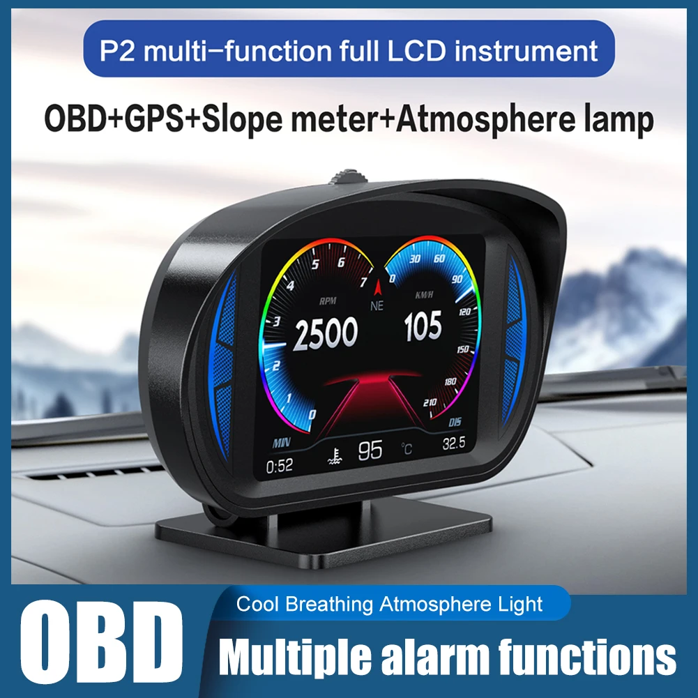 

P2 Car HUD Smart Digital Head Up Display Car OBD2 GPS Speedometer With Slope Meter Overspeed Security Alarm Auto Accessories