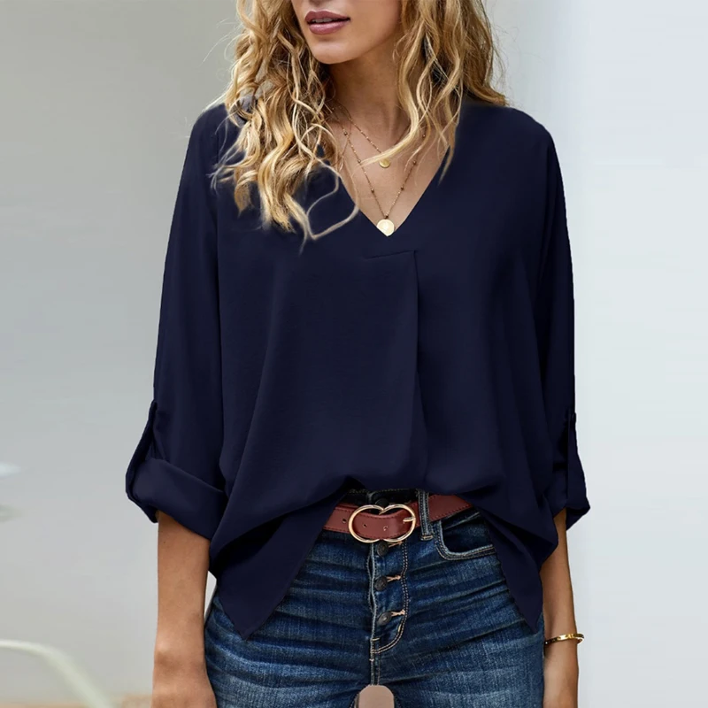 

Блузка женская с V-образным вырезом, элегантная Свободная Повседневная рубашка в офисном стиле, однотонный топ с длинным рукавом, в винтажном стиле, весна-осень 29082