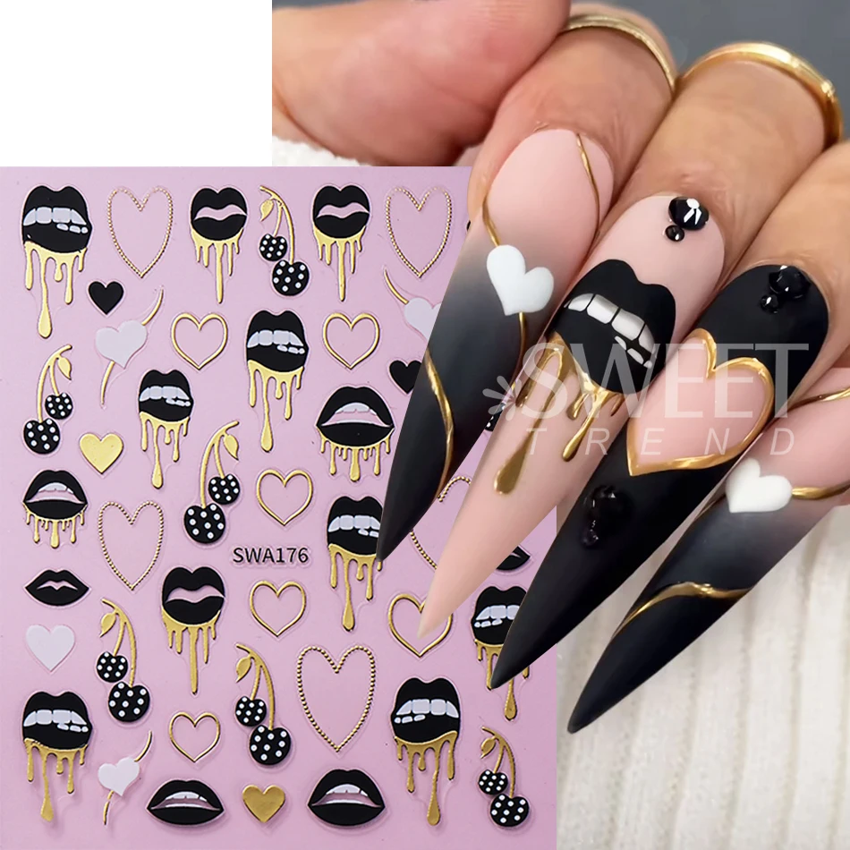 2pcs Black Lips Love Heart Nail Art Stickers Sexy Valentine Metal Line Love Cherry Self-adhesive Nail Decals DIY Manicure Decor