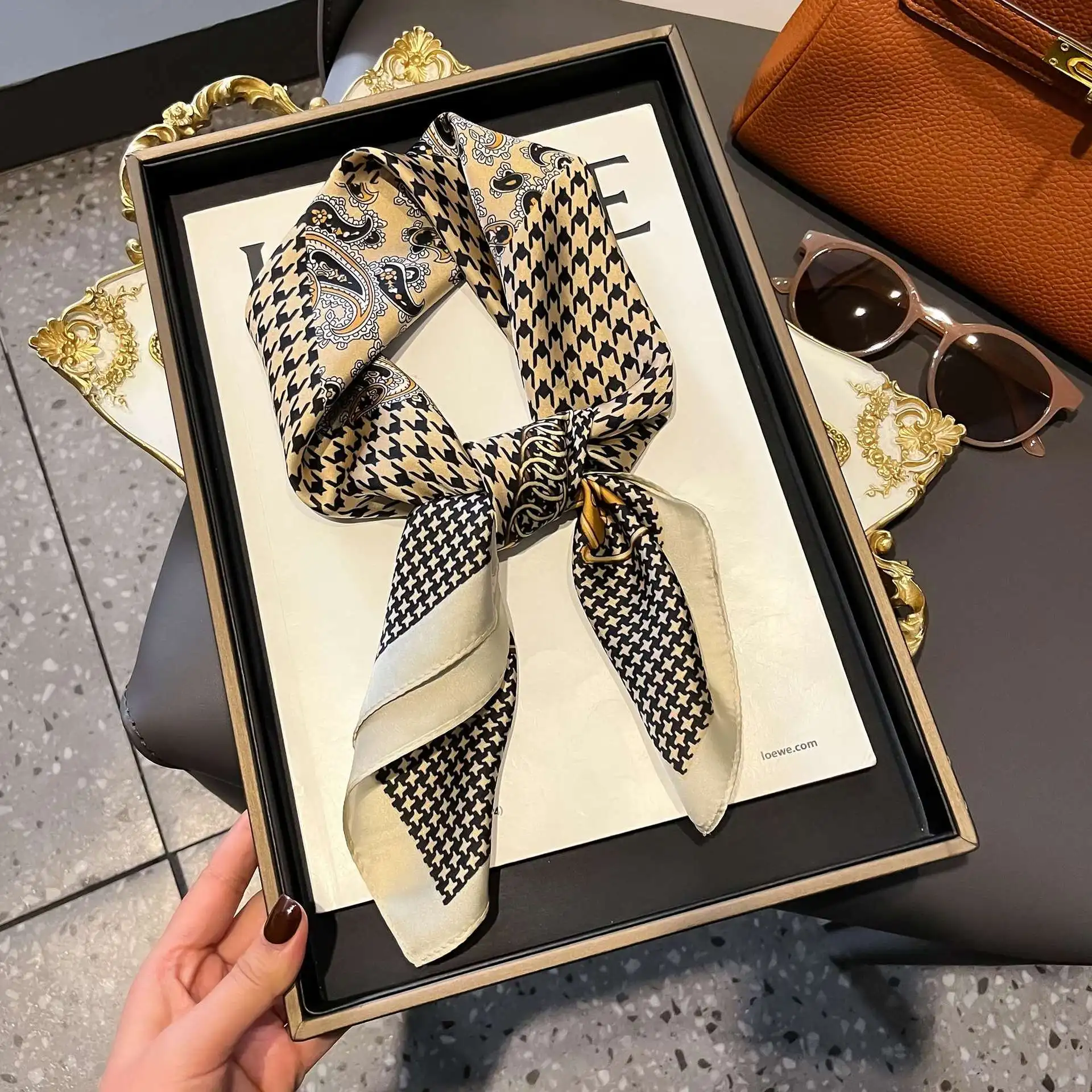 Luxury Satin Imitation Print Silk Scarf Square Women Neck Scarves Wrap Headkerchief Beach Hair Band Women's Bandana 3